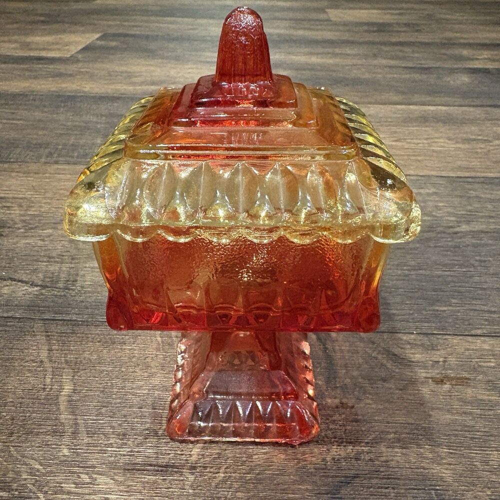 Vintage Amberina Glass Covered Pedestal Square Wedding Box Candy / Trinket Dish